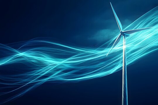 Sustainable power turbines above lush vegetation and clear sky photo