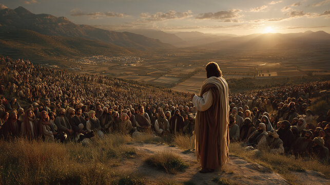 Biblical figure preaching to a large crowd on a mountain at sunset in ancient landscape