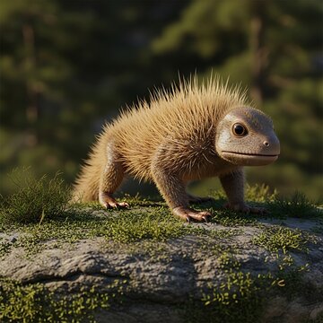 Small fantastical spiky creature standing on a mossy rock