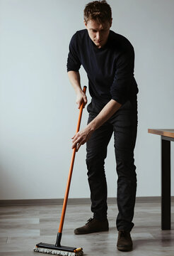 Young man sweeping a clean floor with a broom, household chores and maintenance, domestic cleaning service