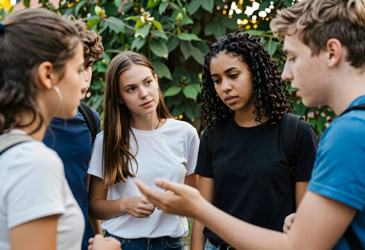 Diverse group of teenagers engaged in conversation outdoors, youth communication and social interaction concept, the young friends are seen listening intently and discussing topics