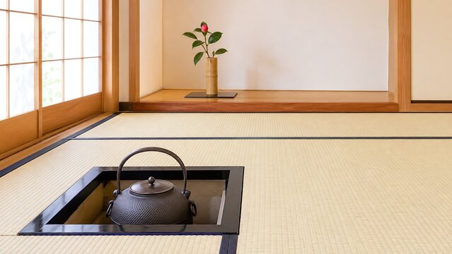 炉開き 畳の炉に茶釜を掛けた明るい茶室と床の間の椿