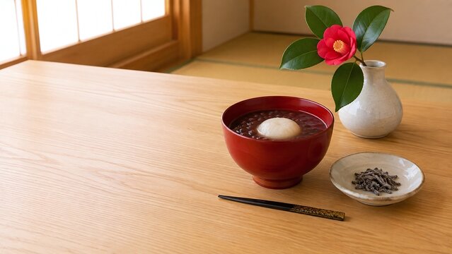 炉開きのぜんざい 赤い椀の小豆と丸餅に椿を添えた和室
