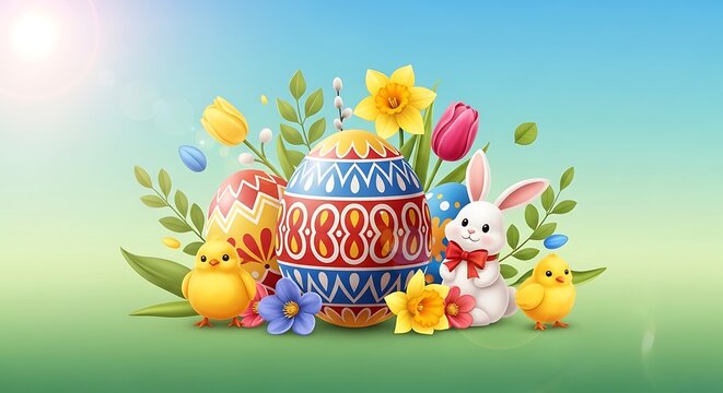 Colorful easter celebration with eggs bunny and baby chicks