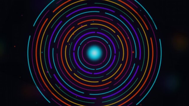 Glowing neon circular HUD rings rotating around a core on dark backdrop, concept for tech interfaces, music visualizers and motion backgrounds
