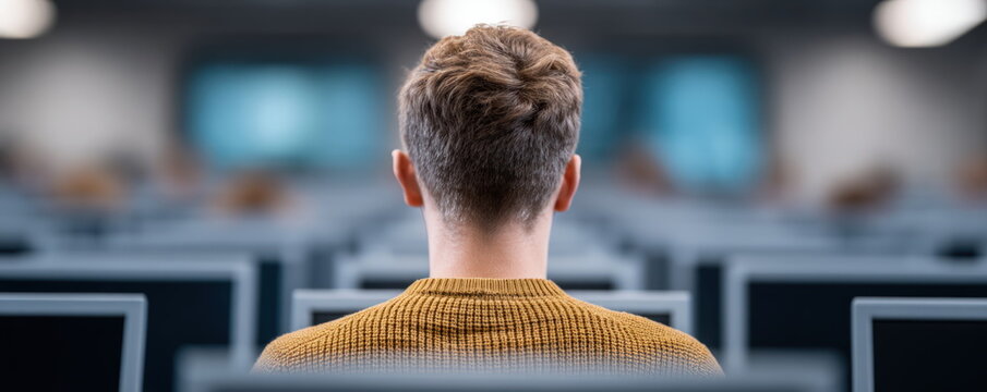 Man in yellow sweater sitting at computer terminal in rows of workstations for education and digital learning training sessions in modern office lab