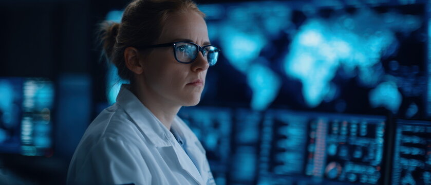 Scientist in white lab coat monitoring complex digital data on large screens in dark high-tech control room for advanced scientific research analysis