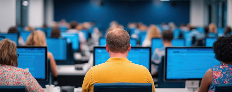 People sitting at computers in classroom or office training session focused on professional development and digital skills learning in modern workspace