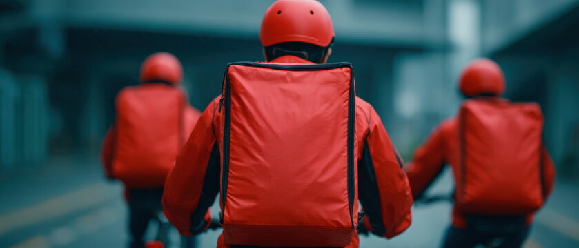 Three food delivery riders in red jackets riding bicycles on city street representing urban logistics and modern gig economy service industry