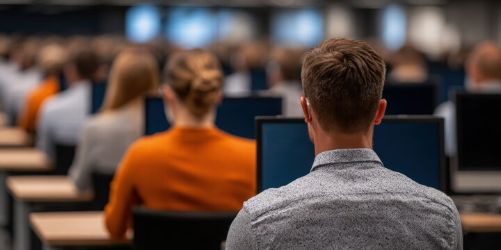 People working at computers in rows during corporate training session in modern professional office environment for employee skill development