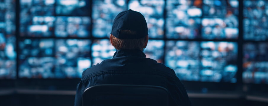 Security guard sitting before large wall of multiple surveillance camera monitors for professional monitoring and facility safety operations