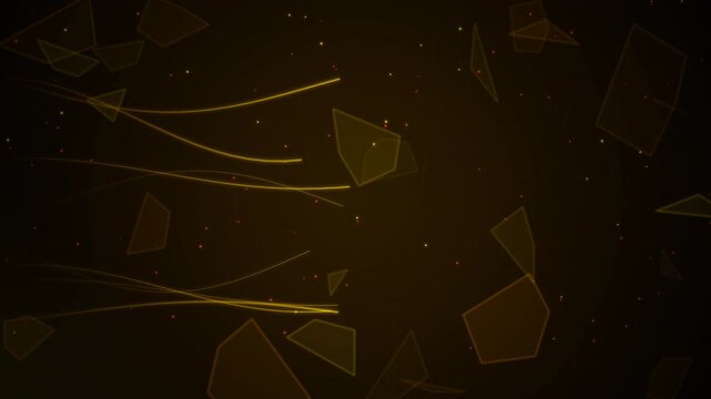 Abstract golden geometric lines and floating glass fragments on dark background, suitable for backdrop, event presentation and motion graphics