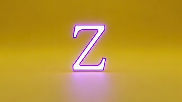 Illuminated neon letter "Z" glows with a purple hue on a warm yellow gradient background