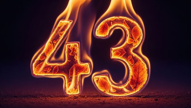 Illuminated number "43" with leaf texture, engulfed in flames, against a dark backdrop