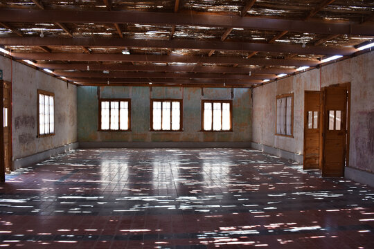 Empty hall in Humberstone - well-preserved UNESCO World Heritage ghost town in Chile&rsquo;s Atacama Desert, near Iquique.