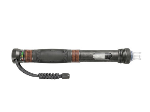 Tactical LED flashlight isolated on white. Portable high power torch for emergency lighting.