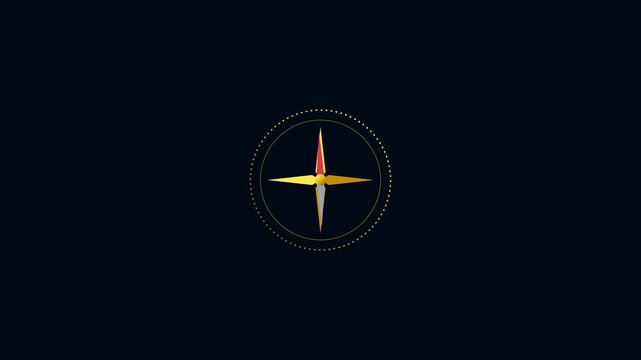 Animated golden compass rotating on dark animation 4k background, for navigation and, travel concepts direction