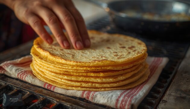 Freshly Made Tortillas: A hand gently touches a stack of golden, freshly made corn tortillas, showcasing the rustic charm of homemade food preparation.