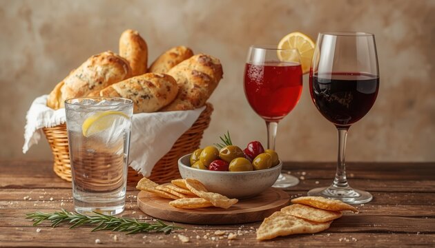 A Taste of Mediterranean Charm: A rustic woven basket overflows with crusty bread, complemented by a small bowl of olives, crackers, and two glasses of wine, one red and one rose.