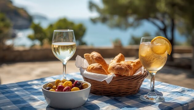 Mediterranean Feast: A delightful spread of crusty bread, olives, and refreshing beverages served on a blue and white checkered tablecloth, overlooking a picturesque coastal landscape.