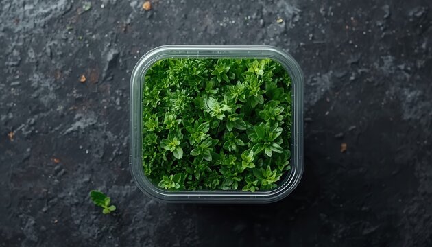 Fresh Parsley in Container: Vibrant green parsley leaves, finely chopped and packed into a clear container, ready for culinary use.