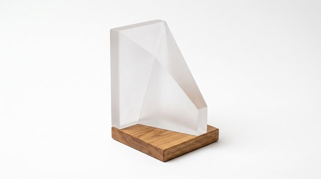 Modern geometric bookend holding books upright. Clear acrylic and oak wood desk organizer for home office shelves.