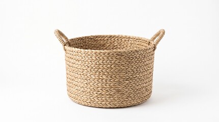 Obraz premium Handwoven seagrass storage basket with handles. Natural fiber home decor container for organizing and eco-friendly living.