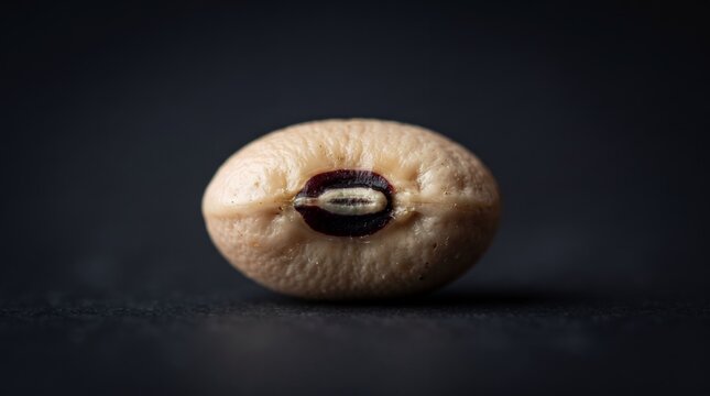 A black-eyed pea is shown in extreme close-up, its distinctive markings clear against a dark, textured surface.