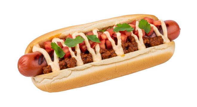 Delicious chili hot dog with bun isolated on transparent background