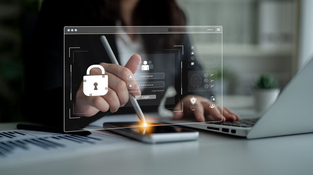 Concept of cybersecurity and data privacy. A secure login interface requires user authentication with a private password to protect personal account information and prevent fraud. Fermion