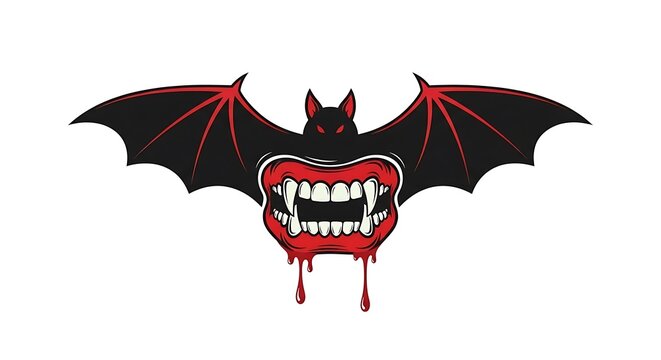 Stylized bat illustration with vampire fangs and dripping blood