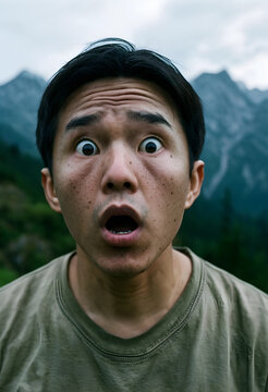 Young asian man with wide eyes and open mouth expressing surprise or shock outdoors in a mountain setting, His face shows astonishment with wrinkled forehead and dilated pupils