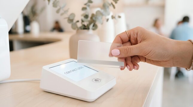 Close-up of a customer paying with a contactless card at a sleek retail point of sale terminal