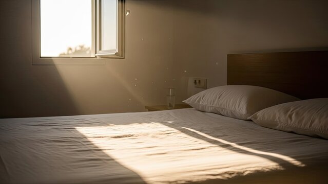Interior bedroom scene with sunlight streaming through a window onto a bed