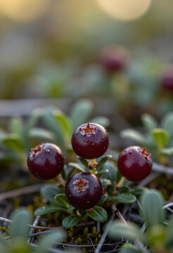 Dark red crowberries with water droplets on green leaves wild berries in natural habitat healthy food and nature, these wild berries represent healthy food and nature concepts thriving in