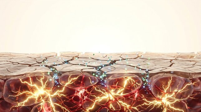 3D illustration of severely dry cracked skin barrier absorbing glowing therapeutic particles with energetic nerve networks below