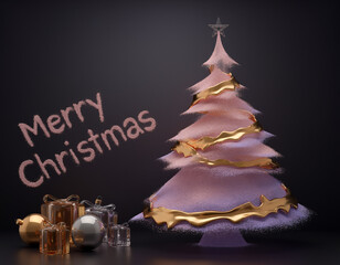 Pasteloworóżowa choinka ze złotymi zdobieniami i gwiazdą, otoczona prezentami i bombkami na ciemnym tle. Po lewej stronie widnieje różowy, skośny napis „Merry Christmas” © tomo81