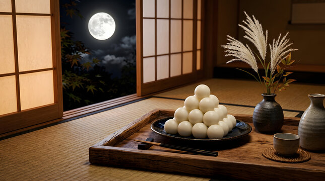 Traditional Japanese Tsukimi moon-viewing rice dumplings and pampas grass arrangement near a window