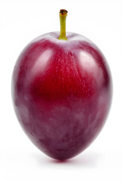Single fresh red plum with a green stem, healthy eating and fruit nutrition concept, isolated on a clean white background