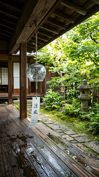 Japanese wind chime hanging on a traditional porch with wet wooden floor in late summer