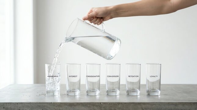 A hand pours water from a jug into six glasses lined up on a counter
