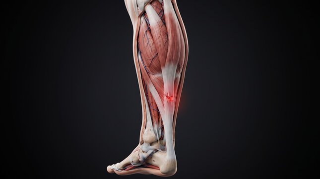 A detailed anatomical illustration of the human lower leg muscles and bones highlights a point of pain with a red glow.