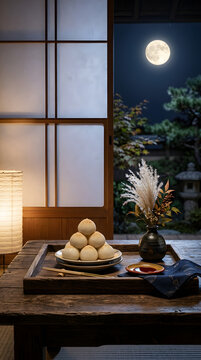 Traditional Japanese Tsukimi moon-viewing rice dumplings and pampas grass arrangement near a window