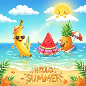 Colorful cartoon fruits enjoying a sunny beach day
