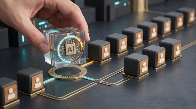 Machine learning implementation showing a hand connecting a digital AI processor cube into a continuous network line
