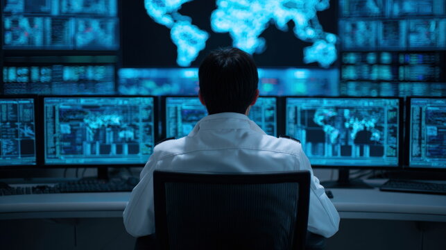 Person sitting at desk monitoring multiple computer screens displaying global data world maps for professional cybersecurity network threat analysis