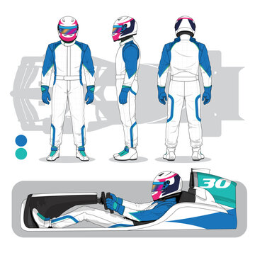 Race Car Driver Character Design and Racing Car Illustration Set