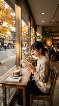 Young woman reading a paper book by a window in a quiet cozy cafe on an early autumn afternoon