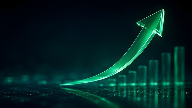 Glowing green upward arrow with financial bar charts on dark background representing stock market success and economic growth