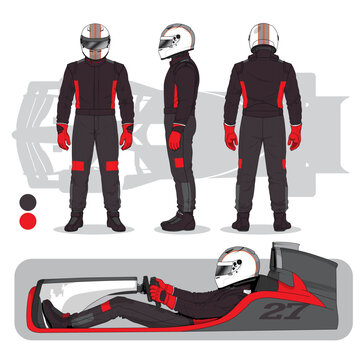 Race Car Driver Front, Side, Back, and Seated Views Illustration Set